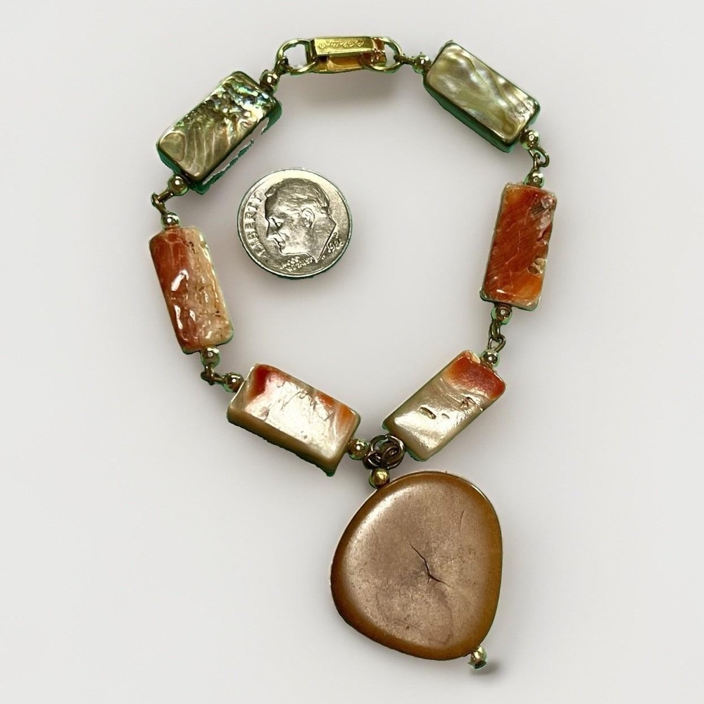 Vintage Celebrity Link Bracelet Polished Abalone & Coral Shell w Tagua Nut Charm